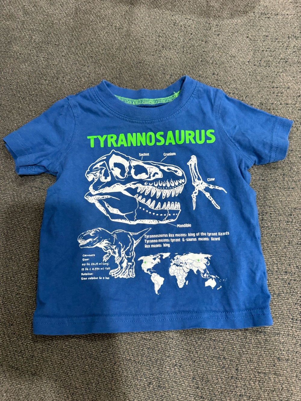 Carter's Blue Tyrannosaurus Skull Graphic Tee with Neon Green Text
